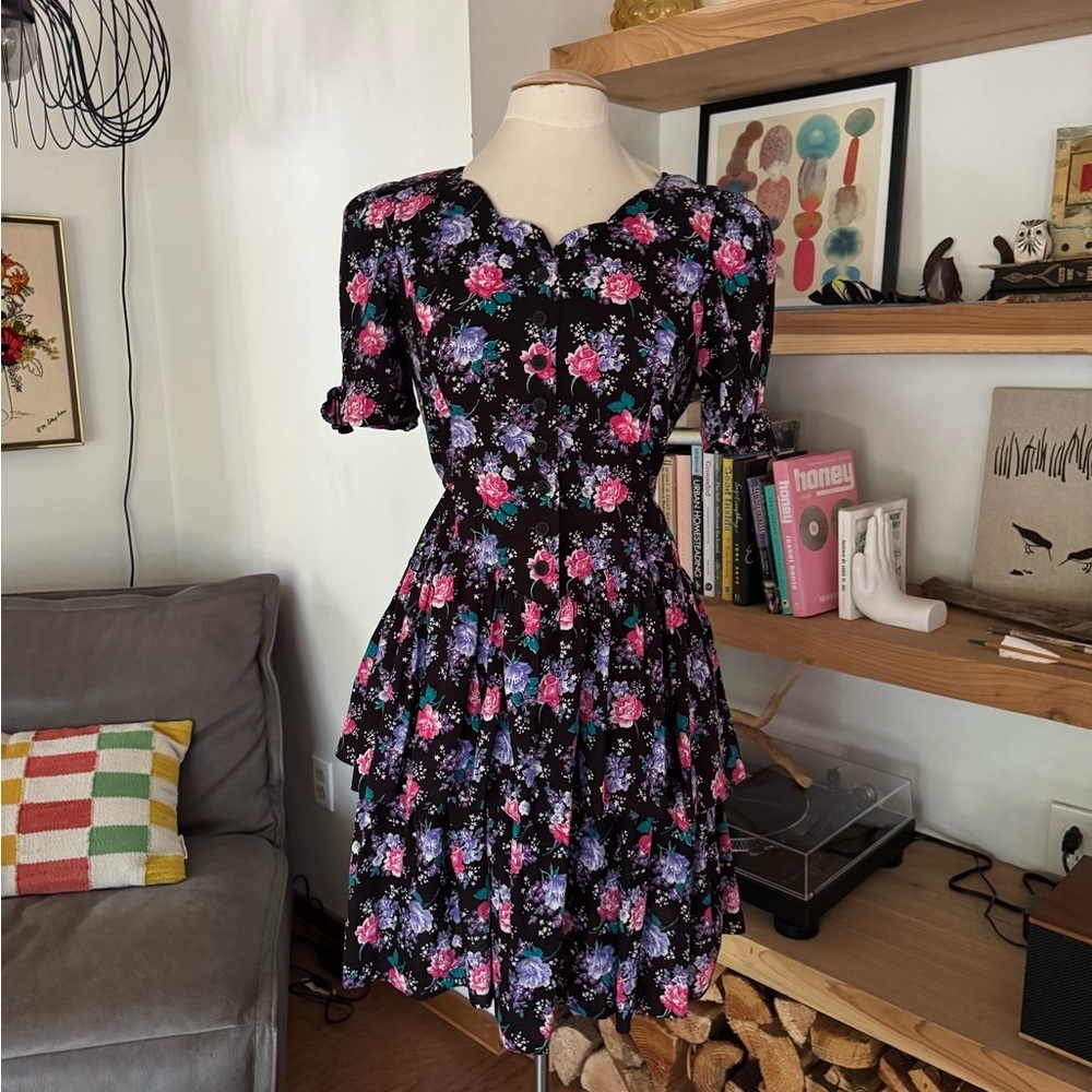 Black Floral Tiered Mini Dress with Pink & Purple Blooms